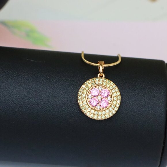"Round Pink & Yellow CZ Pendant in Gold Finish – Elegant Floral Look, XPPT1858 - Picture 11 of 13